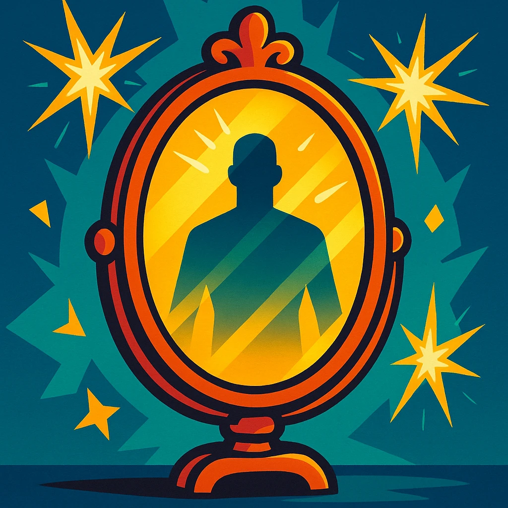 stylized mirror, shining with light bursts, reflecting a blurry human silhouette, vibrant cartoon style, atmosphere of revelation and power emoji