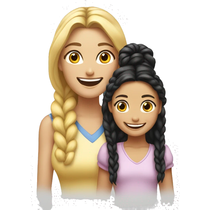 An emoji of a blonde mother with very long hair and a cheerful expression, standing next to her daughter, a small girl with black hair styled in two braids, both smiling happily together emoji