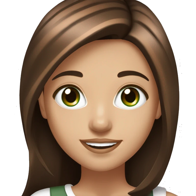 PORTRAIT OF A BRUNETTE GIRL WITH STRAIGHT HAIR WITH COPPER HIGHLIGHTS WITH DARK BRONZE GREEN EYES WITH A PORCELAIN COMPLEXION AND SMILE emoji