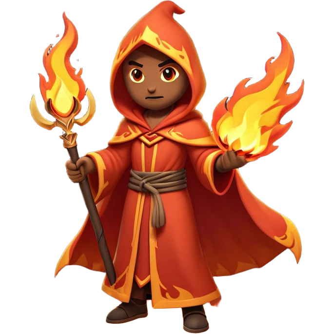 Clash of Clans aesthetic: Cinematic Ferocious Fire Mage Hero Emoji, rendered in a 3D vector-style similar to standard emojis with minimal shading and bold, simplified shapes. A compact, isometric figure draped in flowing, charred and ember-lined robes, wielding a fiery staff crackling with intense flames. Eyes burning with an infernal glow, exuding raw, untamed power. Simplified yet unmistakably iconic, highly detailed and consistent, glowing with a fiery, molten radiance and high shine. Stylized with a touch of menacing sorcery and a searing, ember-infused outline, capturing the essence of a wrathful mage ready to unleash devastating fire magic! emoji