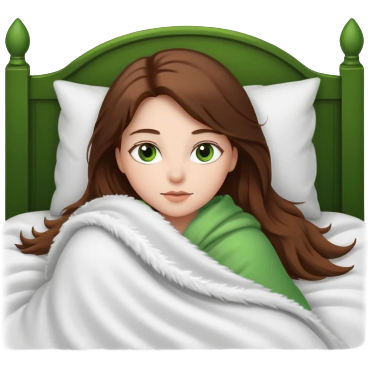 Girl with medium white skin tone and greens eyes and long brown hair laying in bed with a blanket emoji