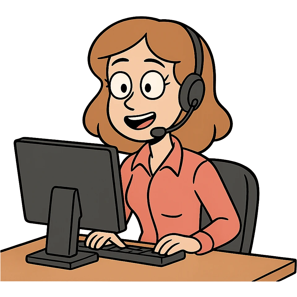 A female call center agent with a headset, at a computer, cartoon style. emoji
