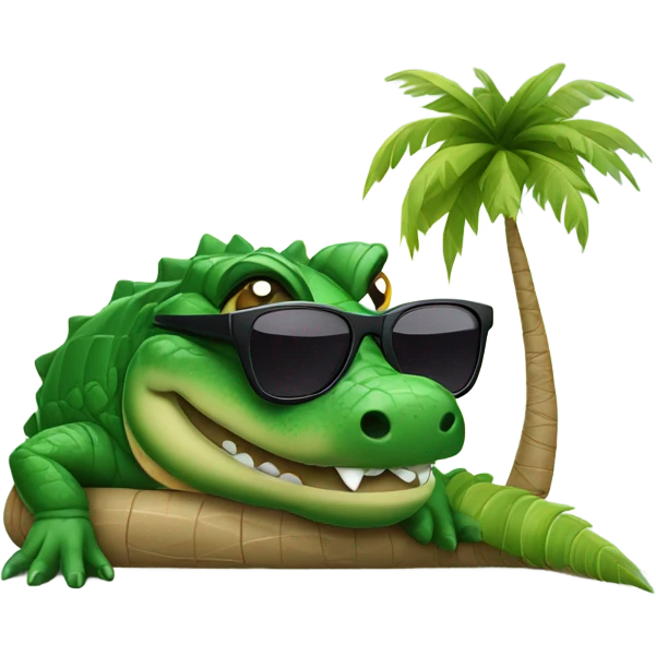 alligator with sunglasses under a palm tree by the ocean emoji