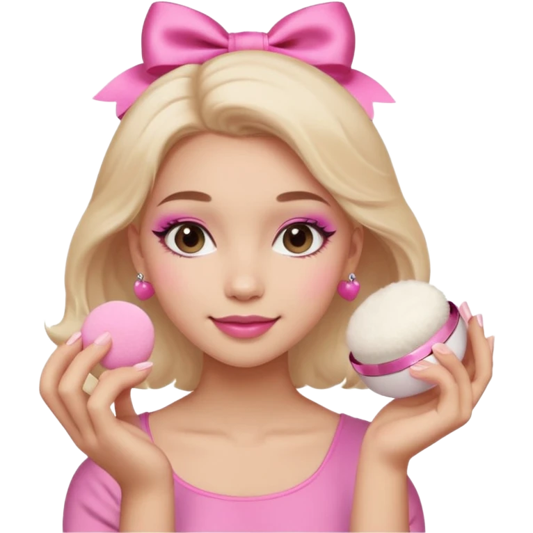 female face, light skin tone, small simple closed smile. One hand visible holding a round fluffy pink makeup powder puff pressed to the cheek; the puff has a small satin bow. emoji