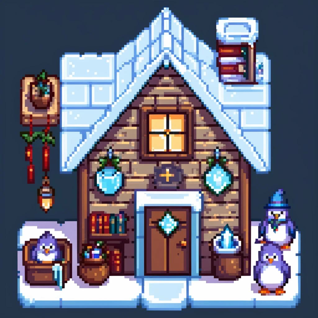 Cozy penguin wizard cottage with spell books, icy decorations, and magical artifacts emoji