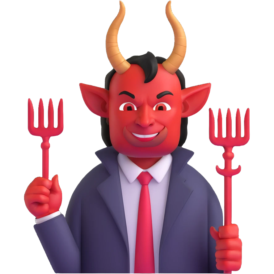 devil businessman with horns and pitchfork selling online courses emoji