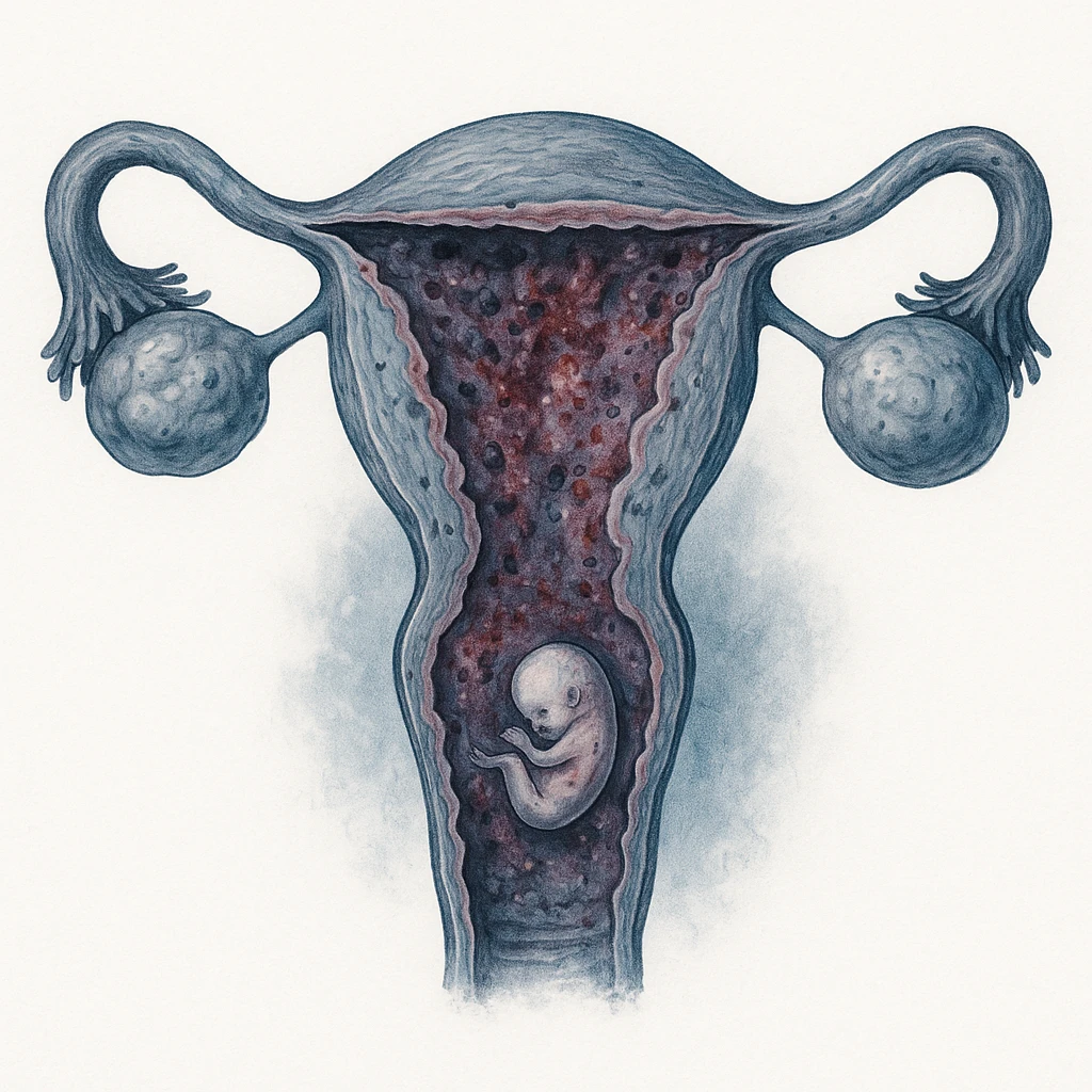 realistic illustration of uterus with irregular and inflamed endometrium, presence of ovarian cysts, small stylized embryo struggling to implant, cold colors, details of hostility, white background emoji