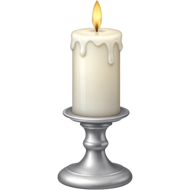 A silver candlestick holding a thick pillar candle glowing warmly. emoji