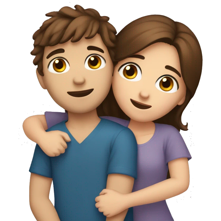 boy with brown hair and blue eyes hugging girl with brown hair and brown eyes in bed emoji