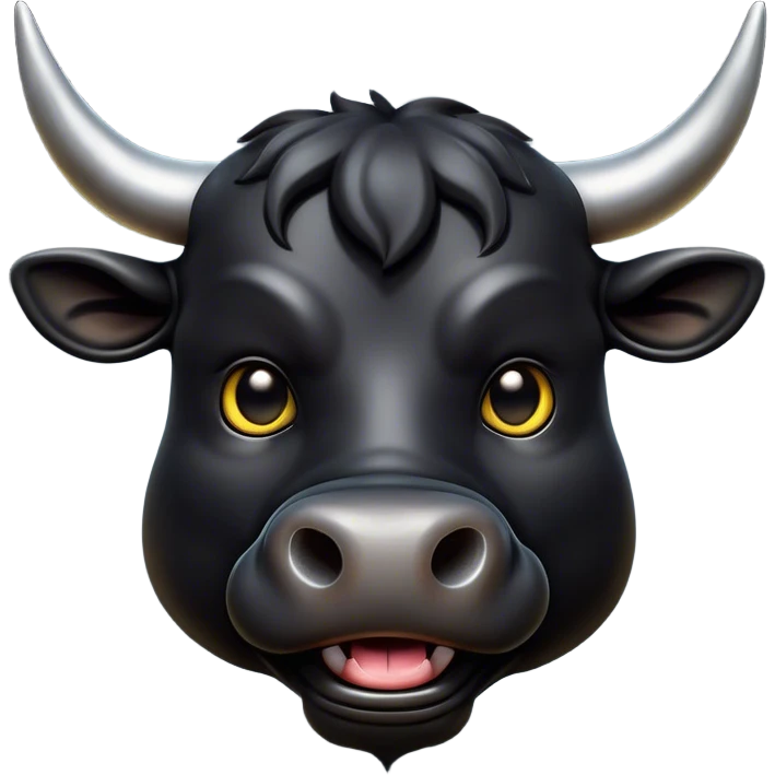 Cinematic Comical Black Bull Portrait Emoji, Head tilted dramatically with an exaggeratedly amused expression, featuring a striking, glossy black hide with a bold natural sheen, wide, expressive dark eyes filled with playful disbelief, Simplified yet hilariously expressive features, highly detailed, glowing with a slightly sassy glow, high shine, dramatic yet playful, stylized with an air of cheeky mischief, bright and endearing, soft glowing outline, capturing the essence of a spirited and over-the-top bull, so meme-worthy it feels like it could charge its way into internet fame instantly! emoji