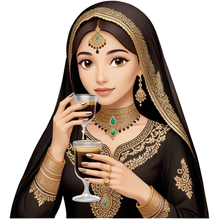 A delicate hand adorned with intricate floral henna designs holds a traitional glass of Arabic coffee. The deep brown henna contrasts beautifully with the rich embroidery of the black outfit, which features shimmering floral patterns. A gold ring and dark nail polish add elegance to the aesthetic. emoji
