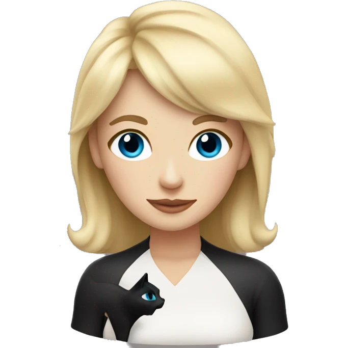 Blonde mom with bangs and blue eyes holding black cat with white chest emoji