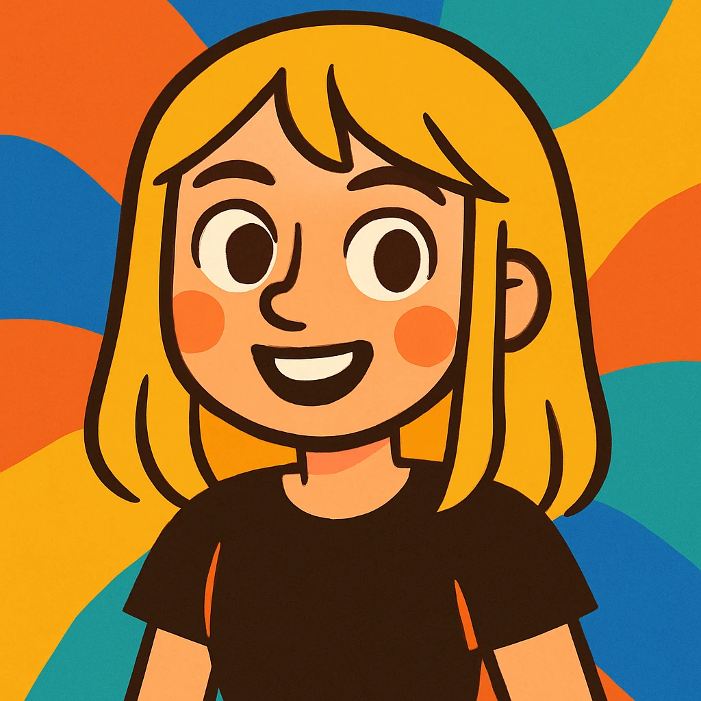 a girl with blonde, straight hair, brown eyes, wearing a black t-shirt, vibrant cartoon style emoji