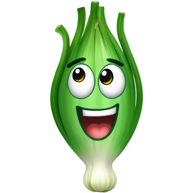 Cheerful green onion with big expressive eyes, a wide smile, and a few green stalks on top. Designed in a cute, cartoonish style with vibrant colors. emoji