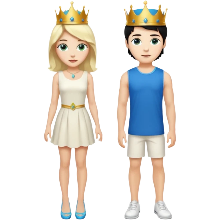 Prince with crown, black hair, body, legst, blue eyes, woman blonde hair, green eyes, sexy white short sleveless dress, shoes emoji