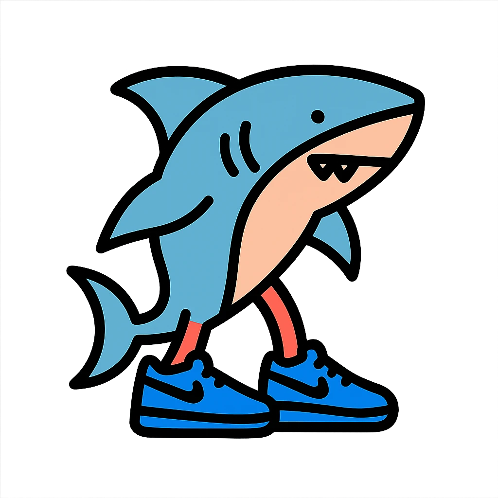 shark wearing blue Nike shoes, icon style, clean lines, simple shapes, minimal color, modern look emoji