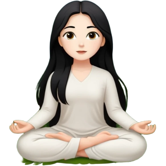 crea un chica blanca con cabello negro largo bonita de ojos marrones vestida de blanco conectando con la naturaleza rodeada de flores meditando  emoji
