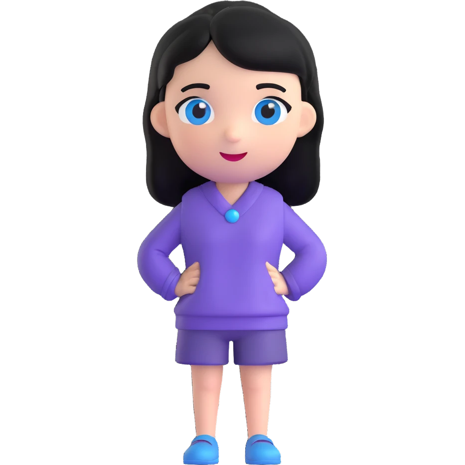 AI emoji character with black hair and blue eyes, standing straight forward, cheerful expression emoji