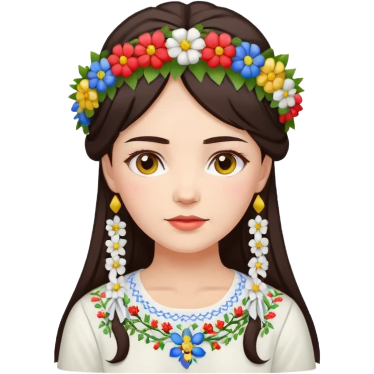 Ukrainian woman in a white embroidered shirt with dark hair in a wreath of flowers with multicoloured ribbons on her head emoji