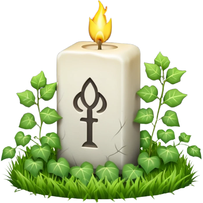 Gravsten med lite ivy som klättrar på den och framför i gräset på marken ett stående vitt brinnande blockljus emoji