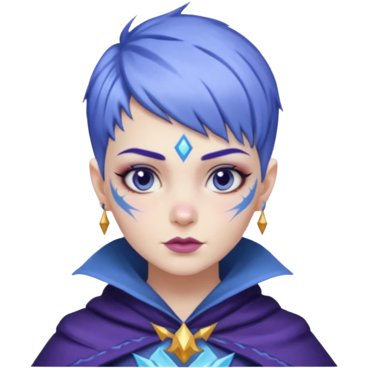 Frost wizard woman short blueviolet hair cheek tattooing. emoji