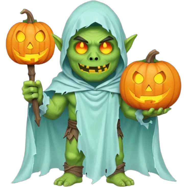 male orc warrior ghost emoji, green skin, wearing torn white ghost sheet costume, holding glowing jack-o'-lantern, faint blue aura, friendly but spooky expression, Halloween fantasy theme, Apple emoji style, clean white background, square emoji