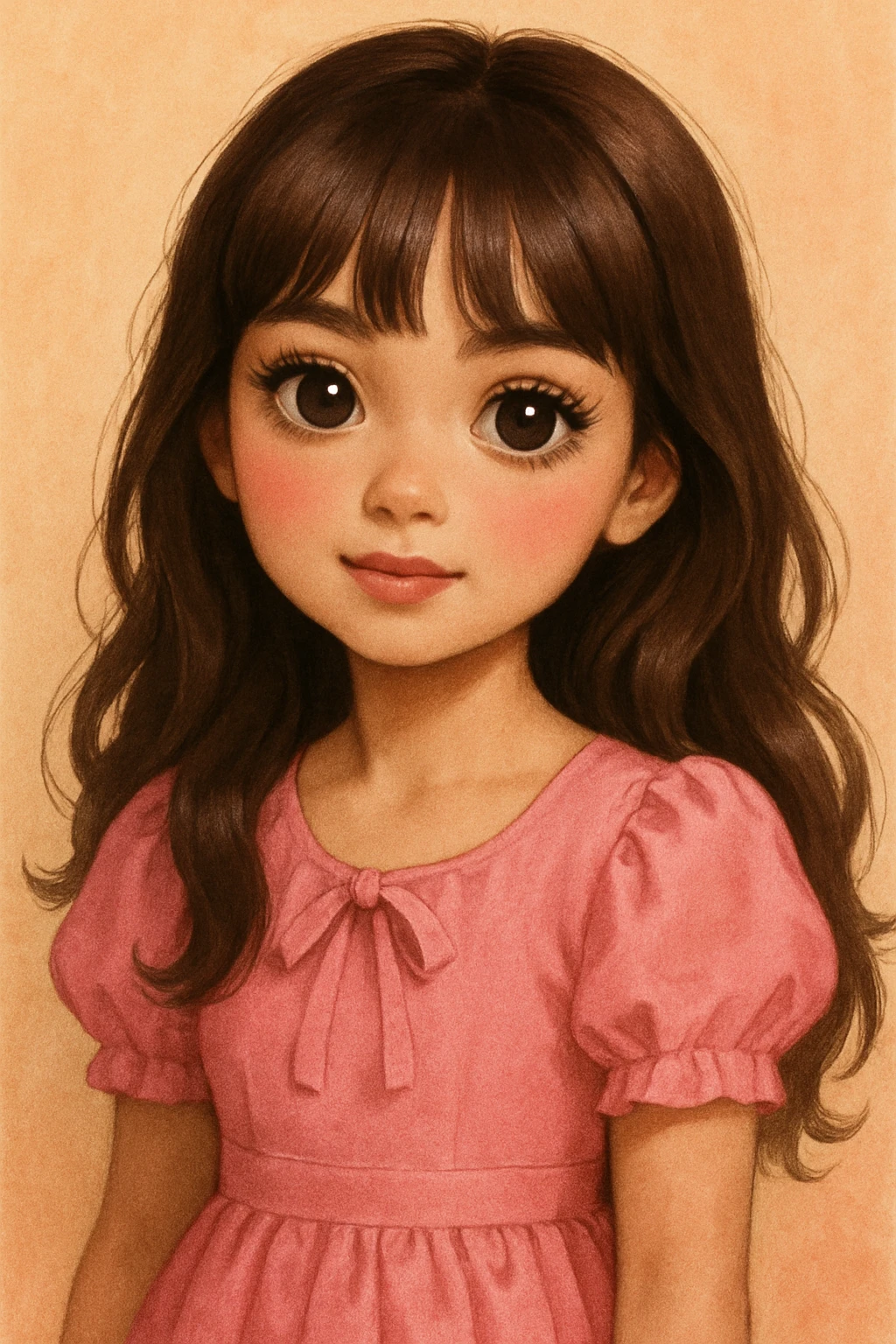 A cute girl with medium skin, soft pinkish cheeks, large bambi dark hazel eyes with long eyelashes, long wavy brown hair with bangs, medium straight nose with a soft tip, medium natural red lips, very feminine and pretty features, wearing a beautiful pink dress, in a charming and appealing style. emoji