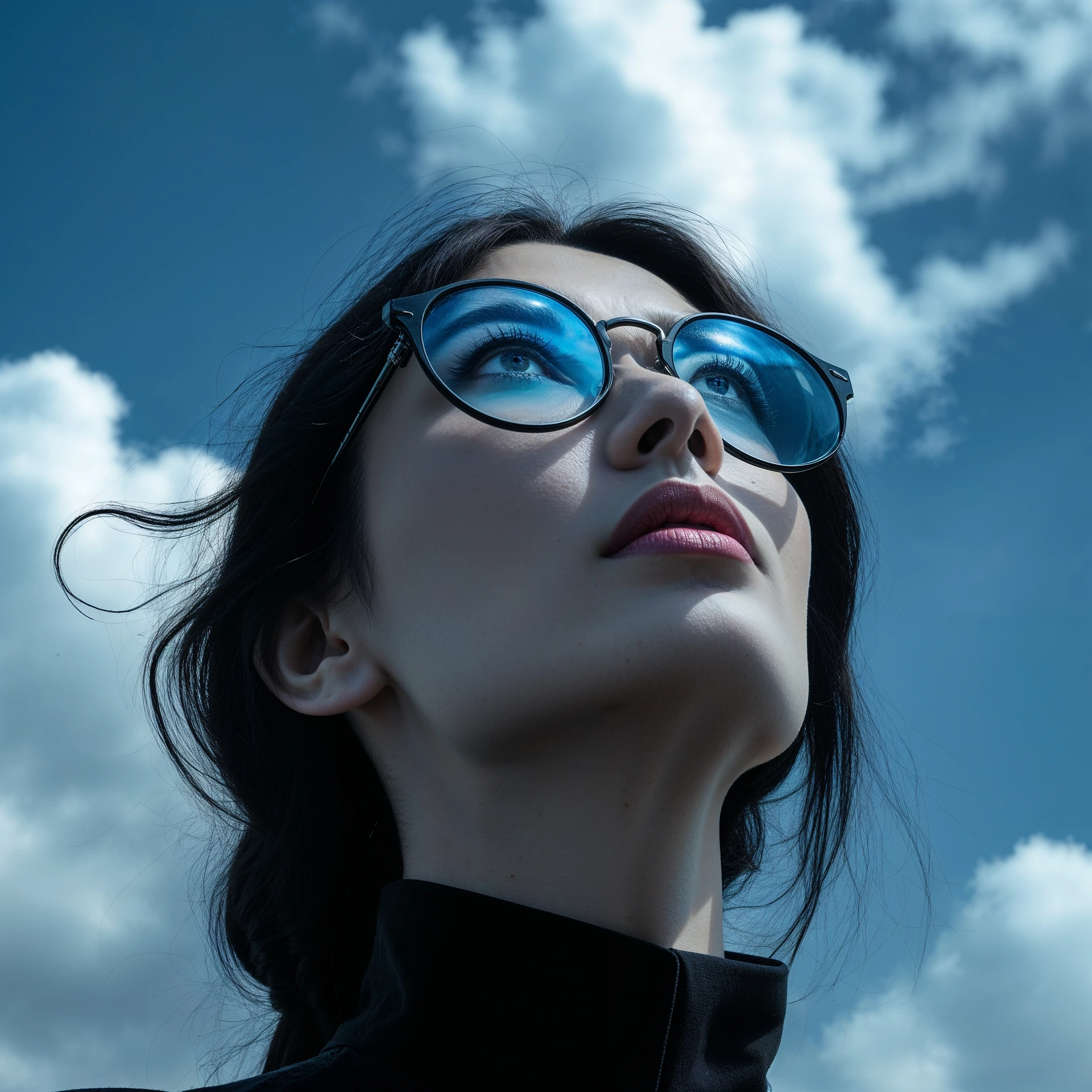 extreme closeup Photo of a beautifull woman with dark hairs and dark uotfit looking up (like villain), orange background, minimalistic, glasses with contrast reflection of blue sky and white clouds  emoji