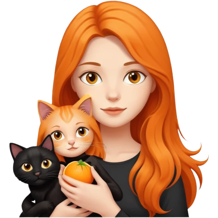 A long-haired girl holding a black cat and an orange cat emoji