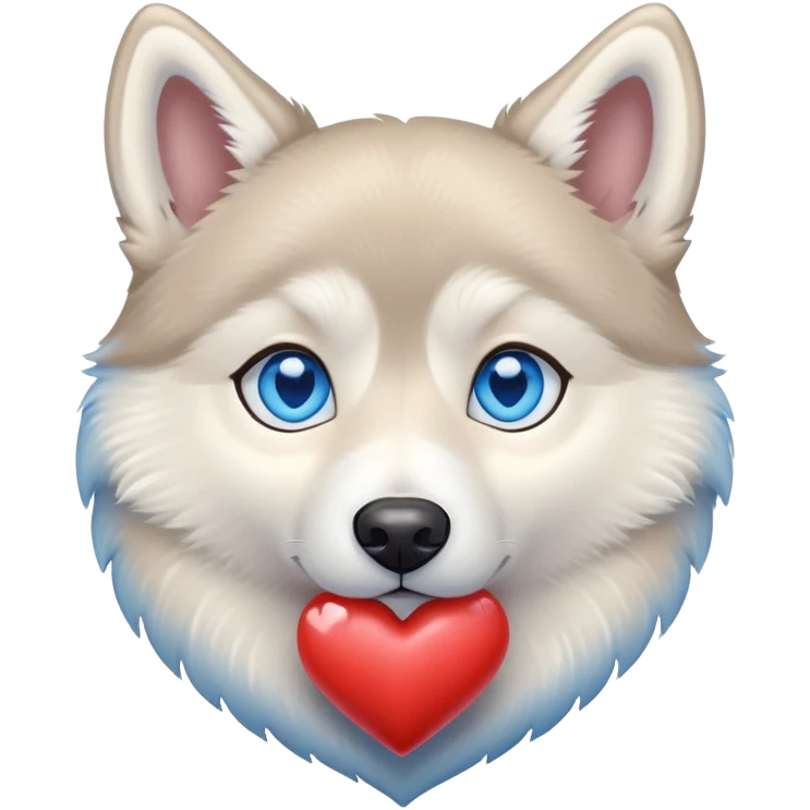 Beige husky with blue eyes holding a blue heart emoji