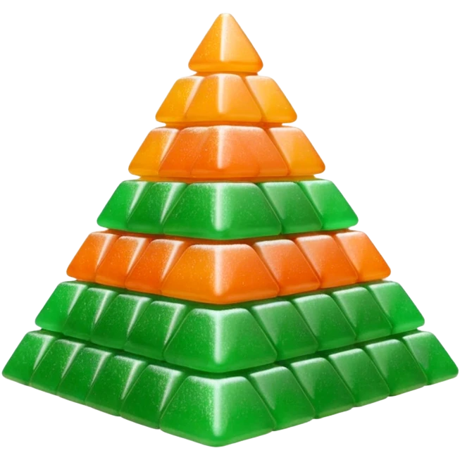 3D render of Gumdrop Pyramid, made entirely of dessert materials, glistening sugar crystal texture, stacked green and orange sugar-coated jelly candies, delicious confectionery aesthetic, Apple emoji style, isolated on white background --v 6.0. emoji