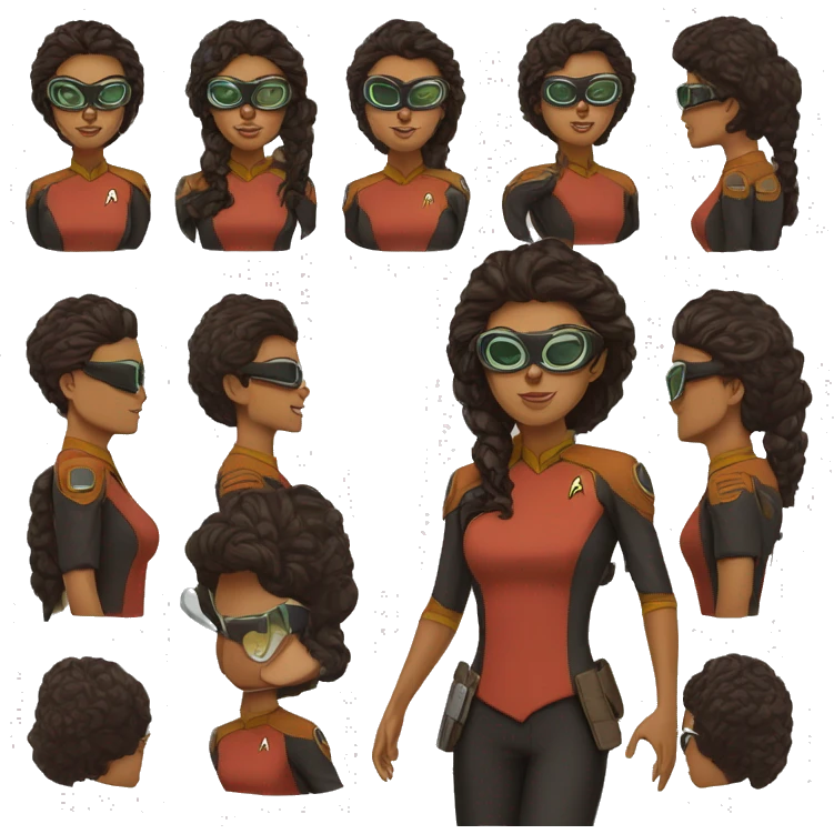Teniente rosas. De Star Trek. Guapa, de pelo negro y rizado. Piel canela. Lentes emoji