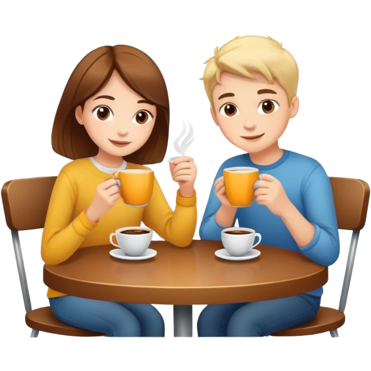 bright and cheerful boy and girl sitting at a table sipping coffee emoji