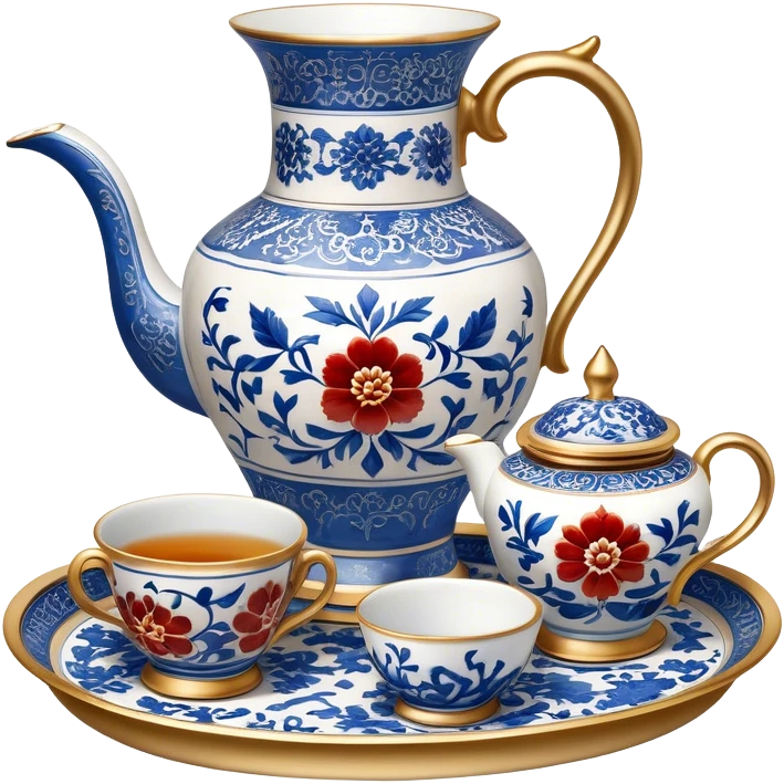 Metal painting icon, a metal vase, tray, and tea-cup, each decorated with different techniques: Gzhel-style blue floral patterns, Chinese red and gold designs, and intricate Golden embroidery-style details. Visible fine paintbrush, paint pots, and accessories like porcelain palette, minimalistic style, clean lines, transparent background. emoji