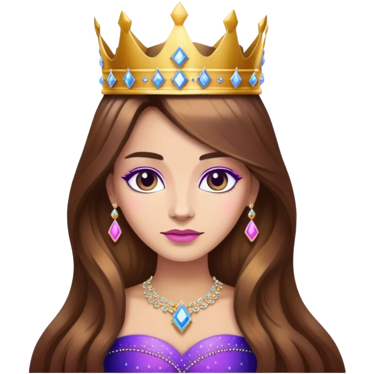Queen, brown long hair, big golden crown encrusted with diamonds from blue to purple to pink, black dress emoji