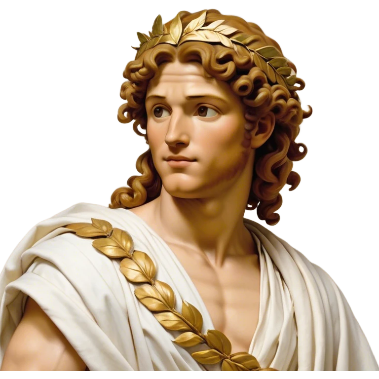 Cinematic Realistic Hercules Portrait, head tilted dramatically with an exaggeratedly amused expression, blending the fierce valor of the Hercules with the classic elegance of Michelangelo's David. His light tan skin and thick, curly, golden brown hair, rendered with meticulous classical detail, frame a face of heroic determination and playful charm. Clad in a gracefully draped white robe adorned with subtle golden embellishments and accented by a distinguished Greek laurel wreath, dynamic lighting accentuates both his formidable physical power and his approachable, spirited demeanor. emoji