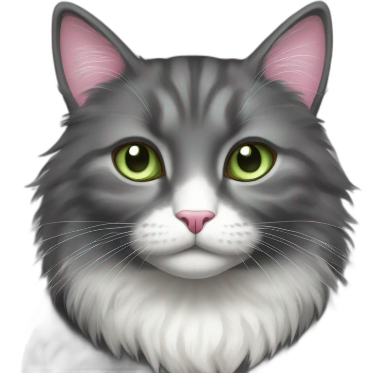 fluffy dark grey cat, small ears, pink nose, light green eyes, white long whiskers, white spots near the nose, white breast, the cat's fur is soft. emoji