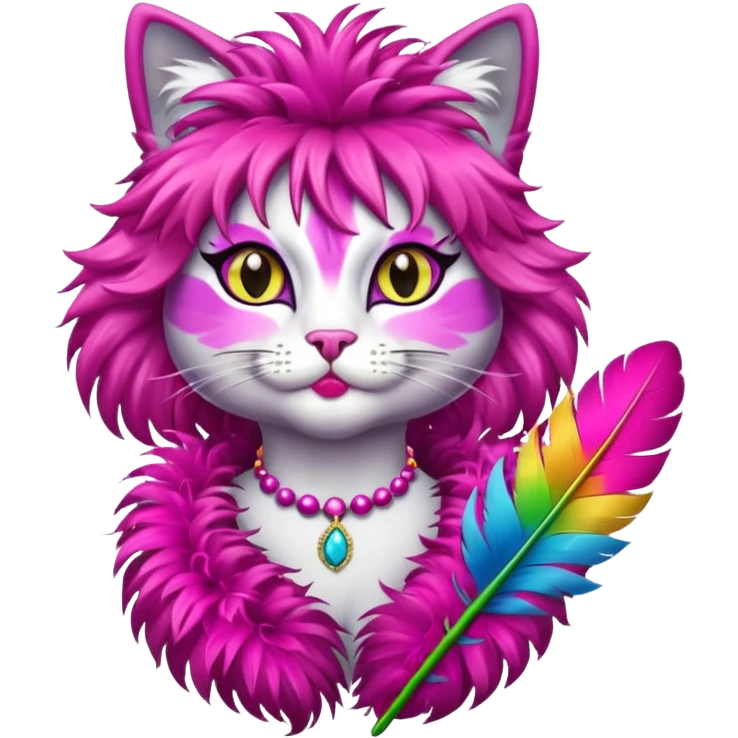 fabulous cat in drag, bold colors, feather boa emoji