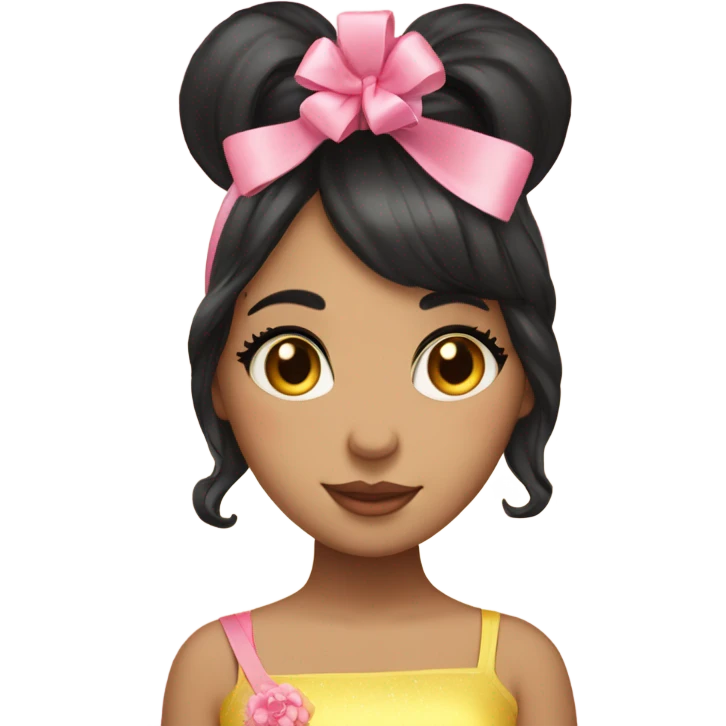 Short dark hair, yellow pink cheeks big lashes girl with a bow on her head. Sparkles bouquet of flowers emoji