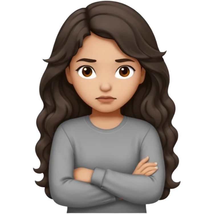 Hispanic girl with long dark brown wavy hair arms folded and  pouting. Gray long sleeve emoji