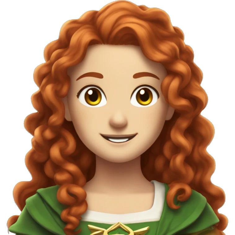 a white girl with long red curly hair and freckles, cosplaying Zelda posing and smiling emoji