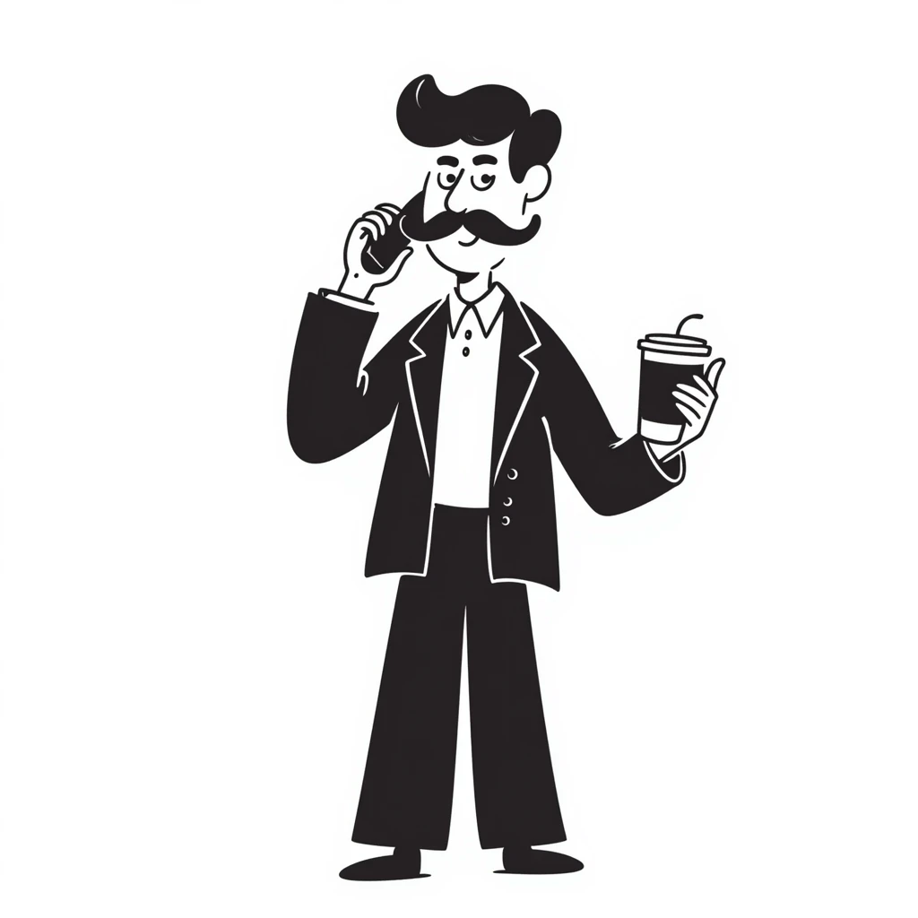 Wall Street finance bro with ridiculous oversized mustache, wearing expensive suit, holding phone and coffee emoji