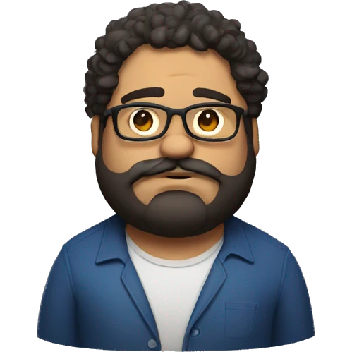 chubby mexican man with glasses curly hair and a beard and mustache looking forward slightly upset emoji