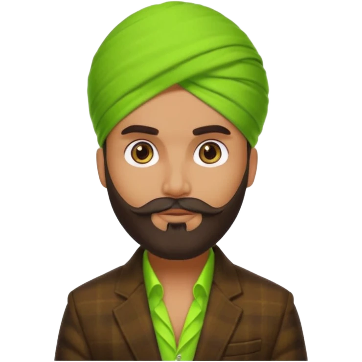 a pretty bratz emoji that looks like a bearded Akshay kumar wearing a neon green turban. Wearing a dark brown flannel blazer emoji