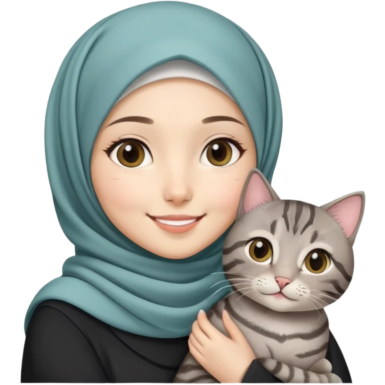 Asian White girl wearing pretty hijab holding a black grey tabby cat while smiling emoji