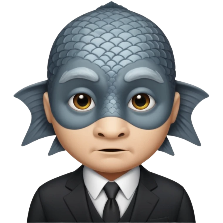 A fish man dressed in a black suit. Its face is grey fish emoji