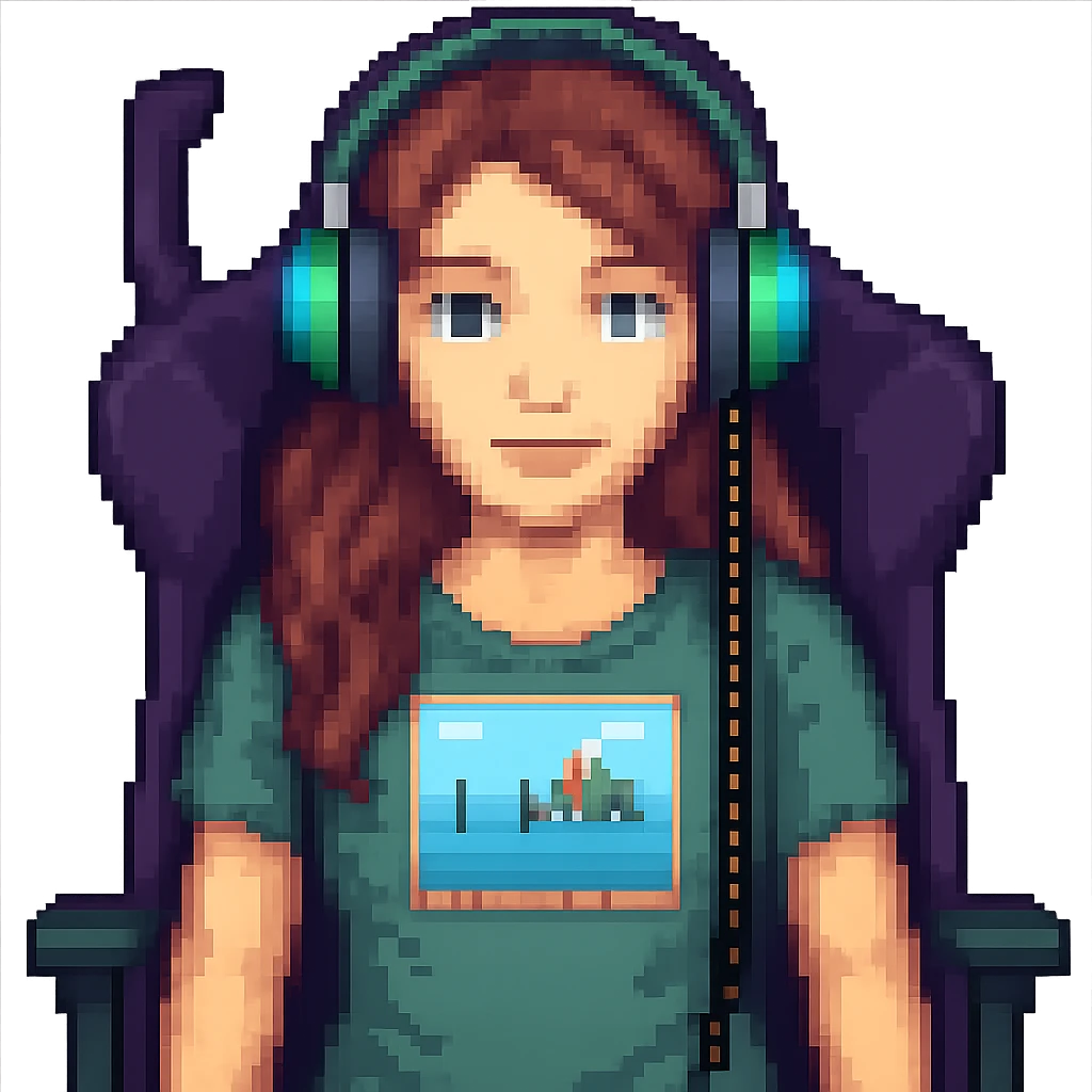 Make the streamer a female with headphones and a gaming chair in pixel art style. Remove the background. emoji