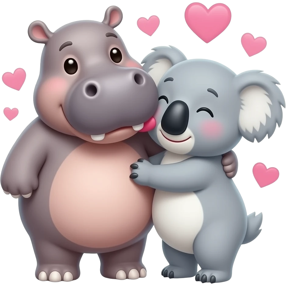 Hippo kissing koala face in love. Cuddling.  Hugging.  Realistic. Not cartoon.  Hearts.  Not animated. emoji