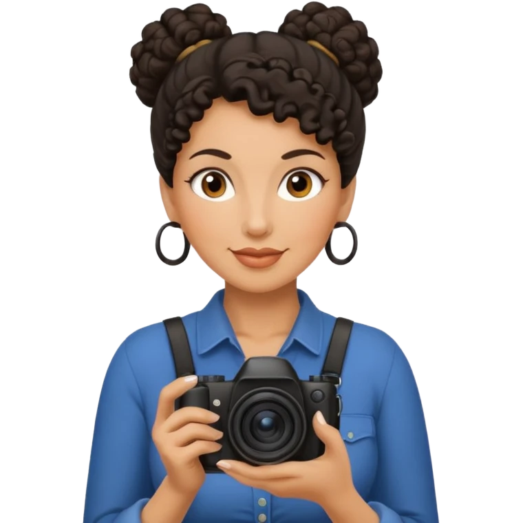 48 year old woman photographer with dark curly hair in a bun emoji