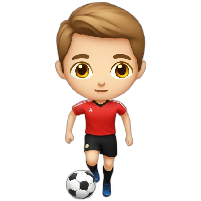 WHITE CHILD, BROWN HAIR, BLACK EYE, STRAIGHT WITH RED SHIRT AND BLACK SHORTS PLAYING SOCCER emoji